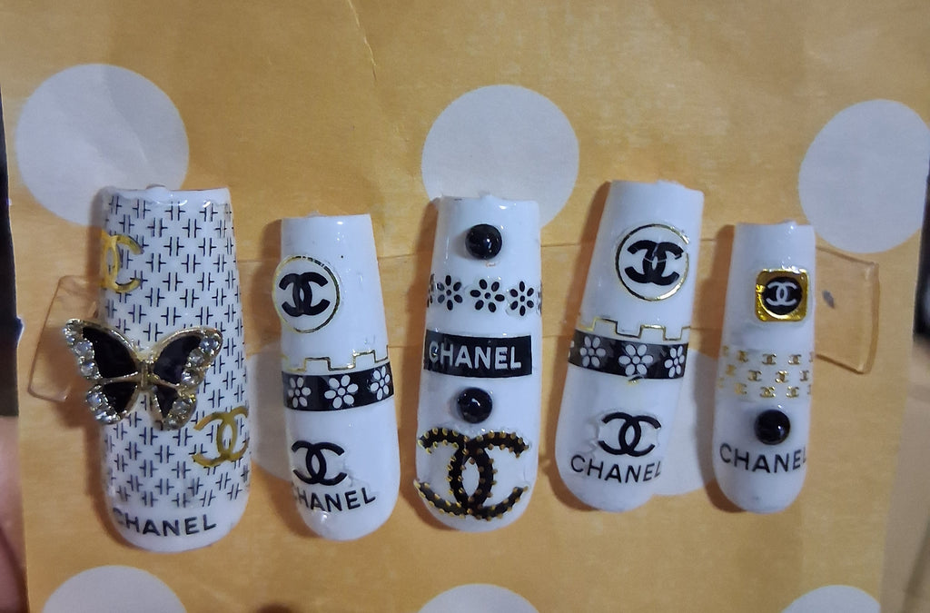 Designer Press-On Nails (White/Charms)