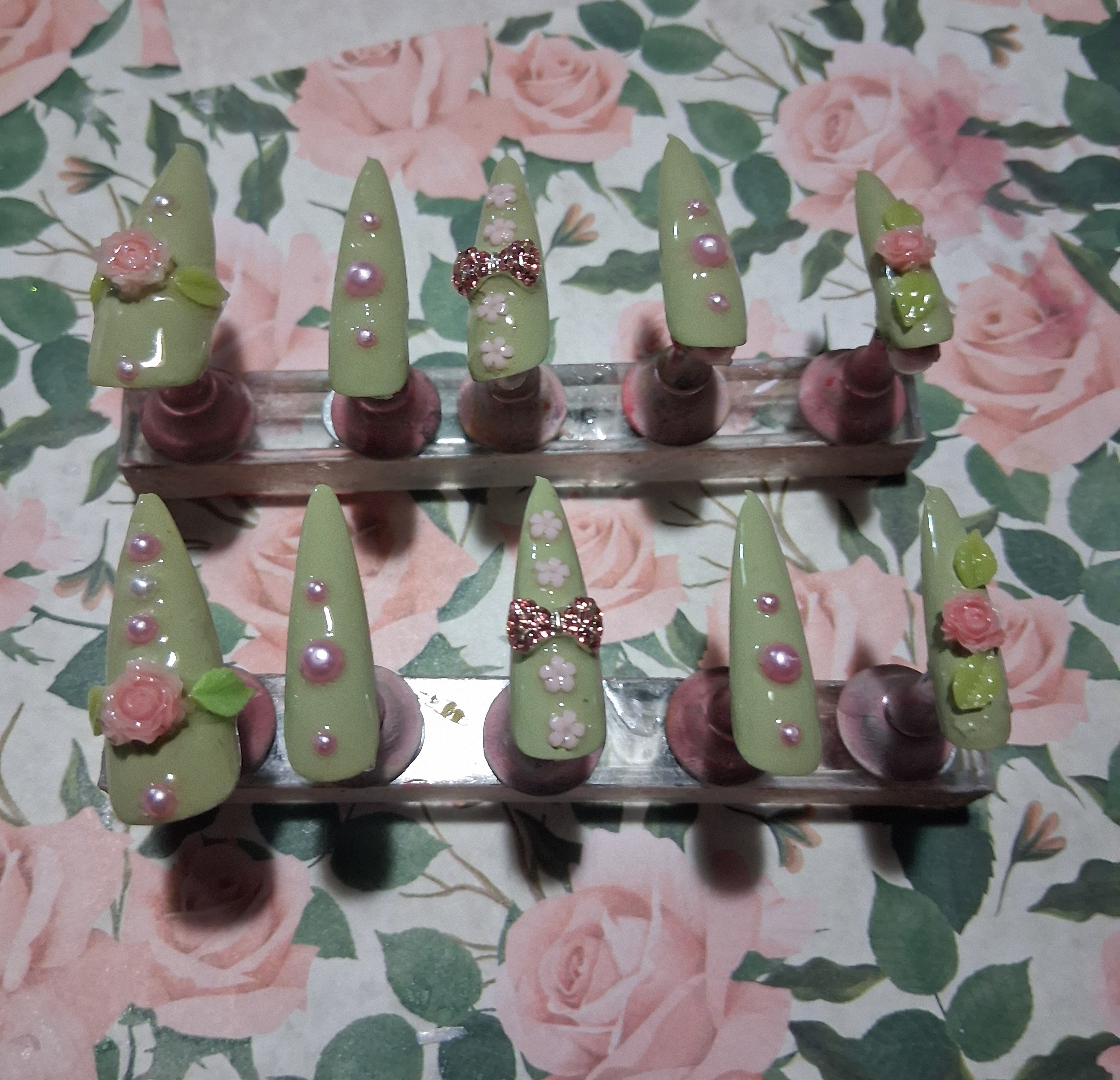 Press-On Nails (Sage Floral Pink)